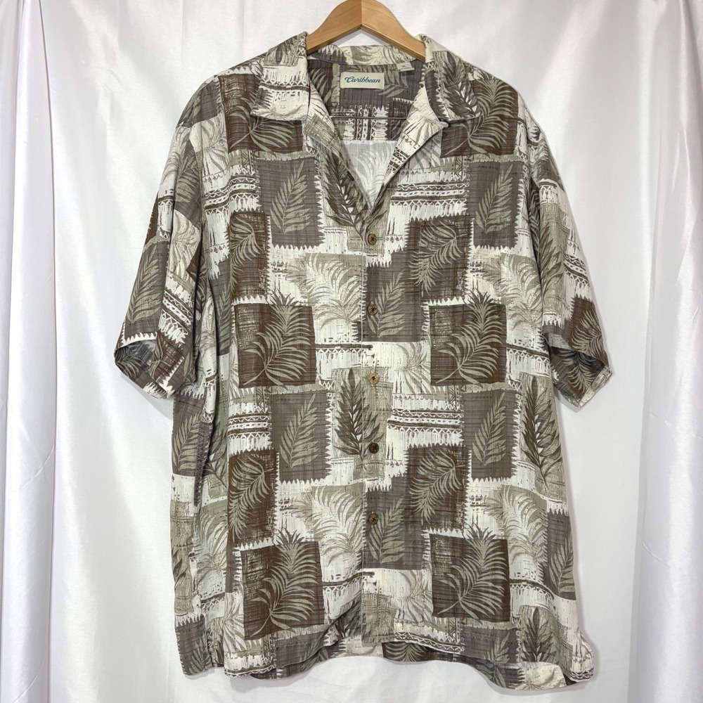 Caribbean Mens XL Tropical Palm Leaf Geometric Button Down Shirt Brown Tan Modal